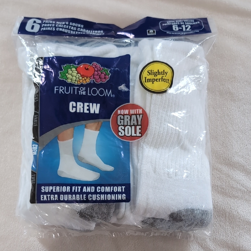 NEW Men's Fruit Of The Loom Crew Socks Size 6-12 Slightly Imperfect 6-Pack